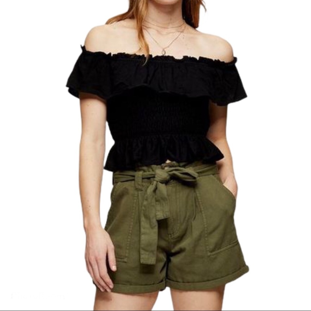 RIVER ISLAND Y2K Off Shoulder Bardot Blouse With Cap Sleeves Black Size Small